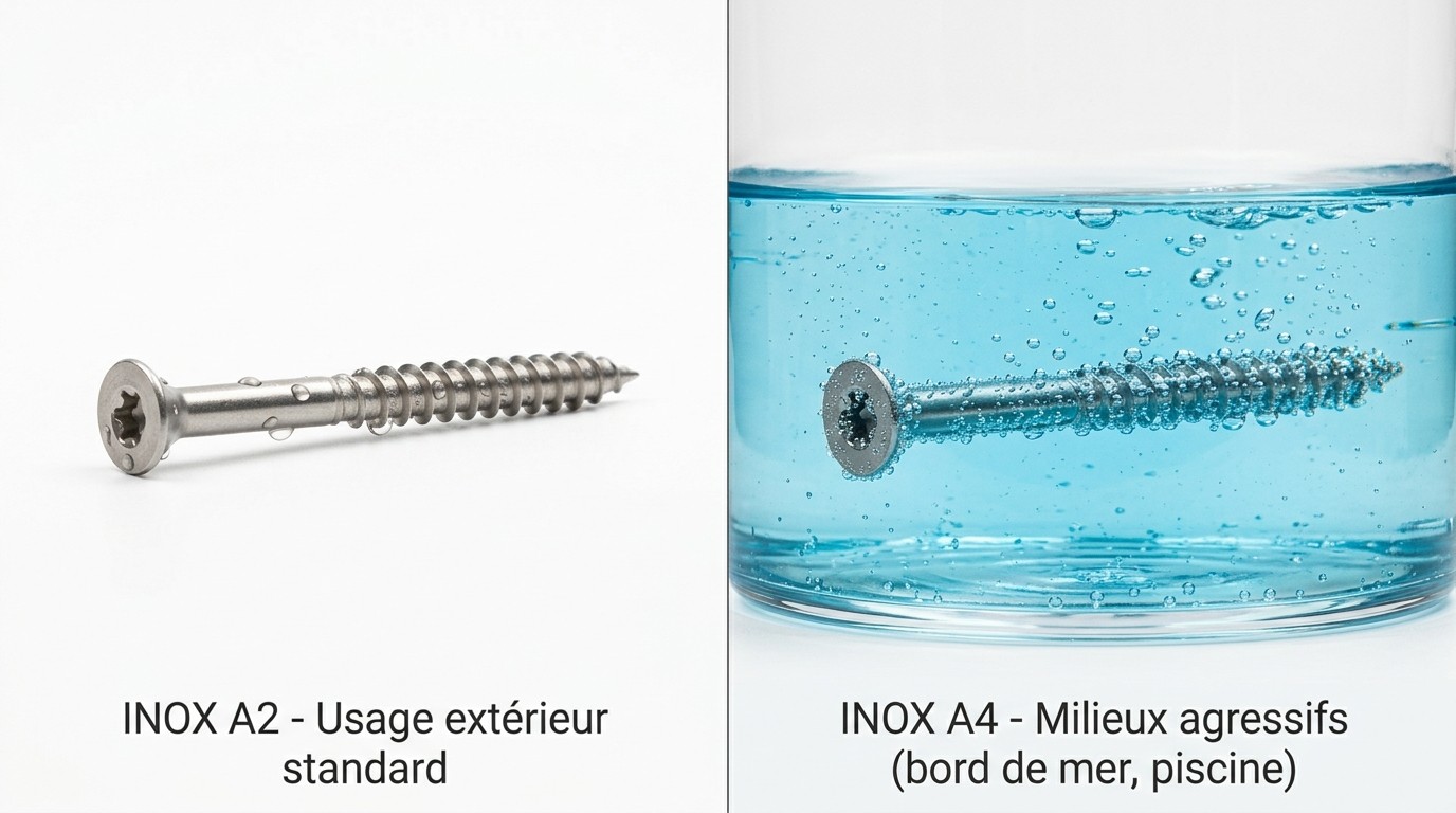 Vis en inox A2 sur fond neutre, et vis en inox A4 immergée en milieu aqueux agressif
