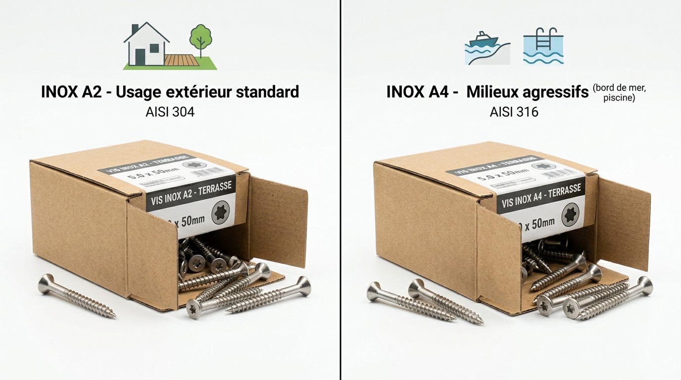 Comparatif inox A2, usage extérieur standard (AISI 304), et inox A4, milieux agressifs bord de mer et piscine (AISI 316)
